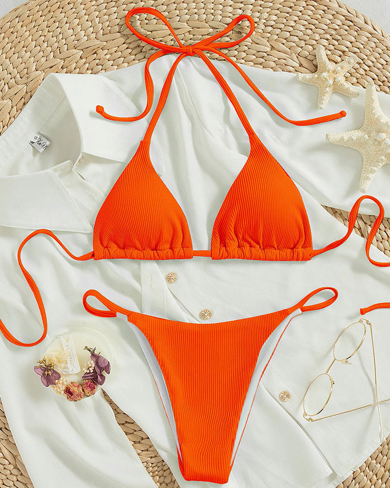 Damen Triangel-Bikini mit feinem Rippstruktur und verspielten Bindebändern R&B