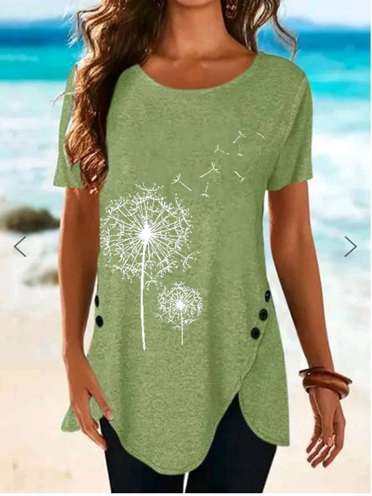Damen Kurzarmshirt mit asymmetrischem Saum und Dandelion-Print R&B
