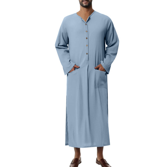 Herren nan weites langes Tunika-Kaftan aus atmungsaktivem Leinen mit Stehkragen Knopfblende und aufgesetzten Taschen R&B