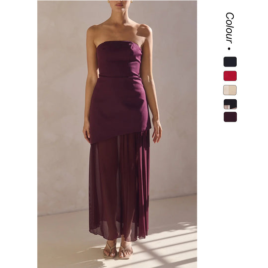 Damen Elegantes Bandeau-Maxi-Kleid mit fließendem Chiffon-Rock und figurbetontem Oberteil R&B