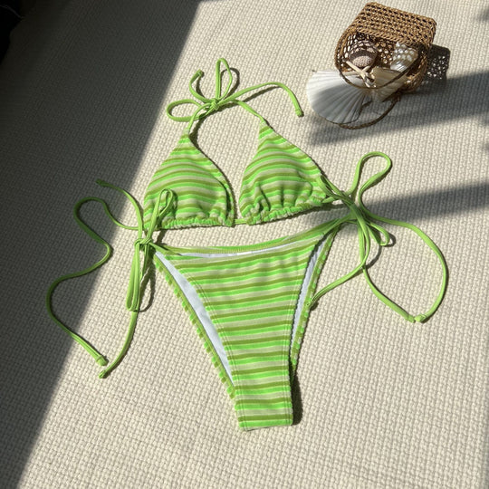 Damen Triangel-Bikini mit verstellbaren Bändern und buntem Streifenmuster R&B