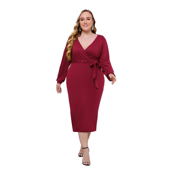 Damen Elegantes Wickelkleid mit taillierter Silhouette und langem Arm R&B