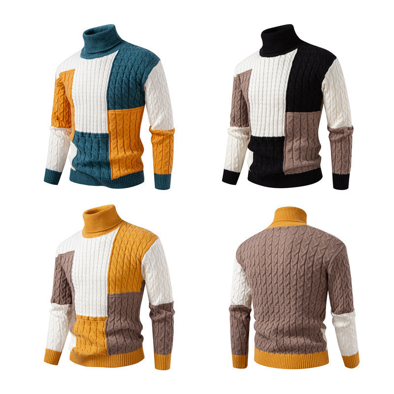 Herren hochabschließend gestrickter Pullover mit modernem Zopfmuster und attraktiven Farbblöcken R&B