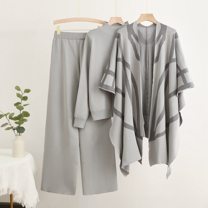 Damen trendiges Strick-Loungewear-Set mit grafischem Poncho-Design R&B