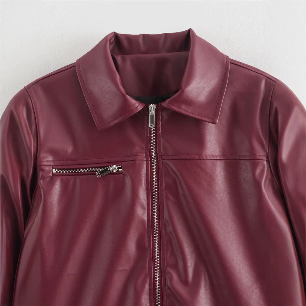 Damen Kunstlederjacke mit modernem Stehkragen und praktischen Reißverschlusstaschen R&B
