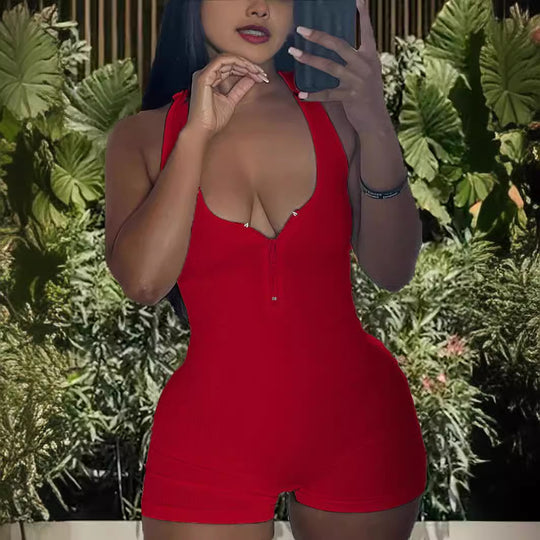 Damen Jumpsuit mit tiefem V-Ausschnitt und Reißverschluss R&B