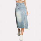 Damen Denim-Midi-Rock mit asymmetrischem Schnitt und fransigem Saum R&B