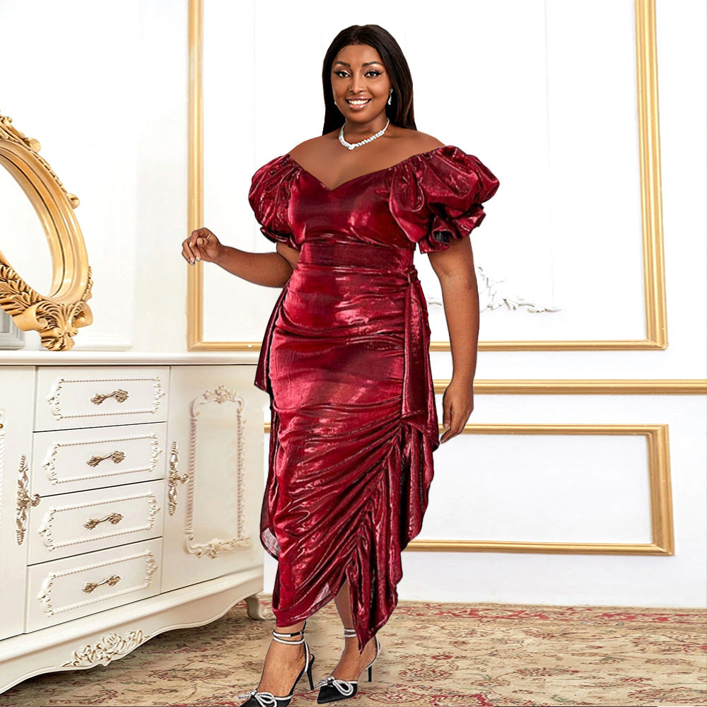 Damen Glamouröses Wickelkleid mit voluminösen Puffärmeln und seitlicher Drapierung R&B