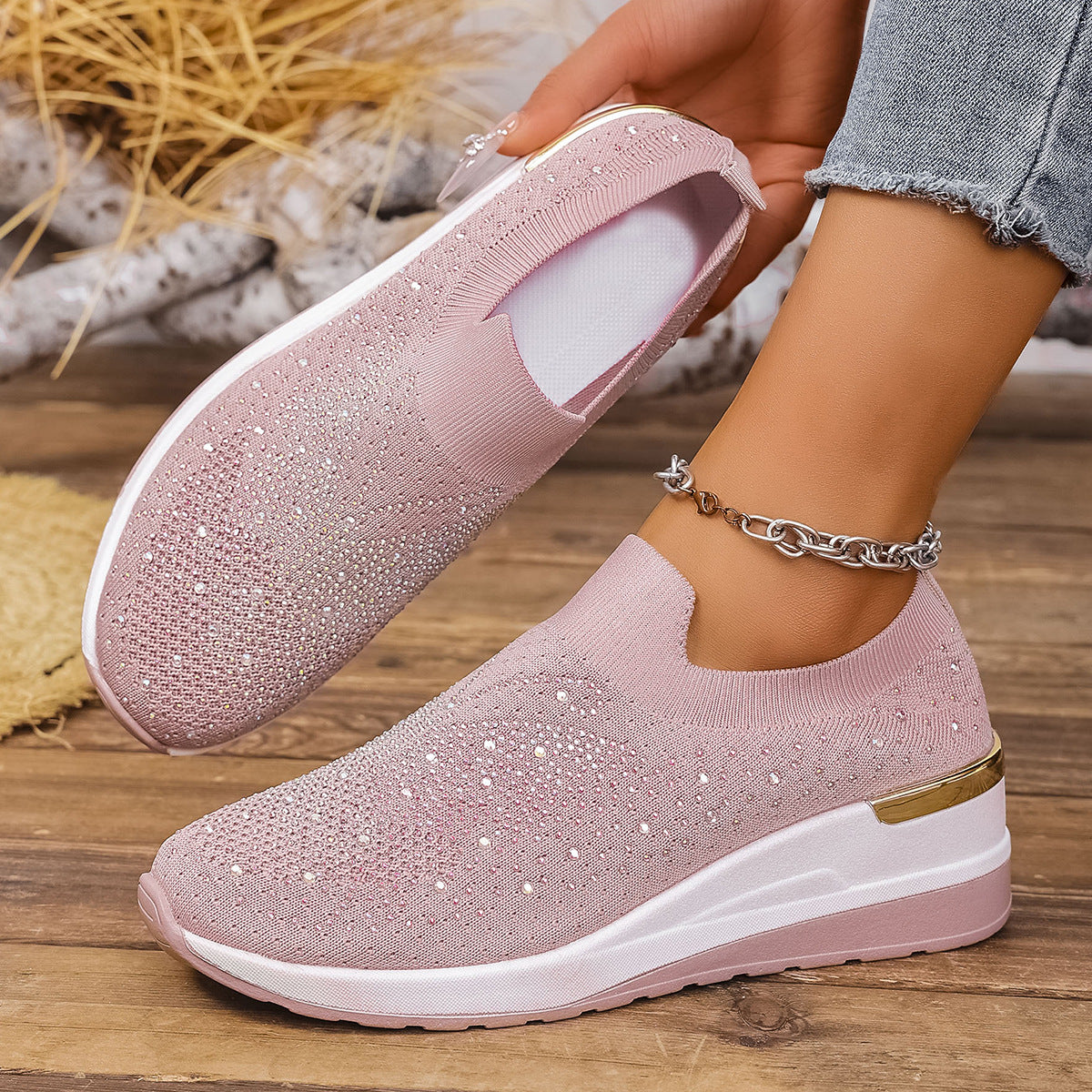 Damen Sneakers mit funkelnden Akzenten und elastischem Strickoberteil R&B