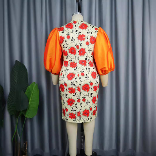Damen figurbetontes Kleid mit voluminösen Puffärmeln und floralem Design R&B