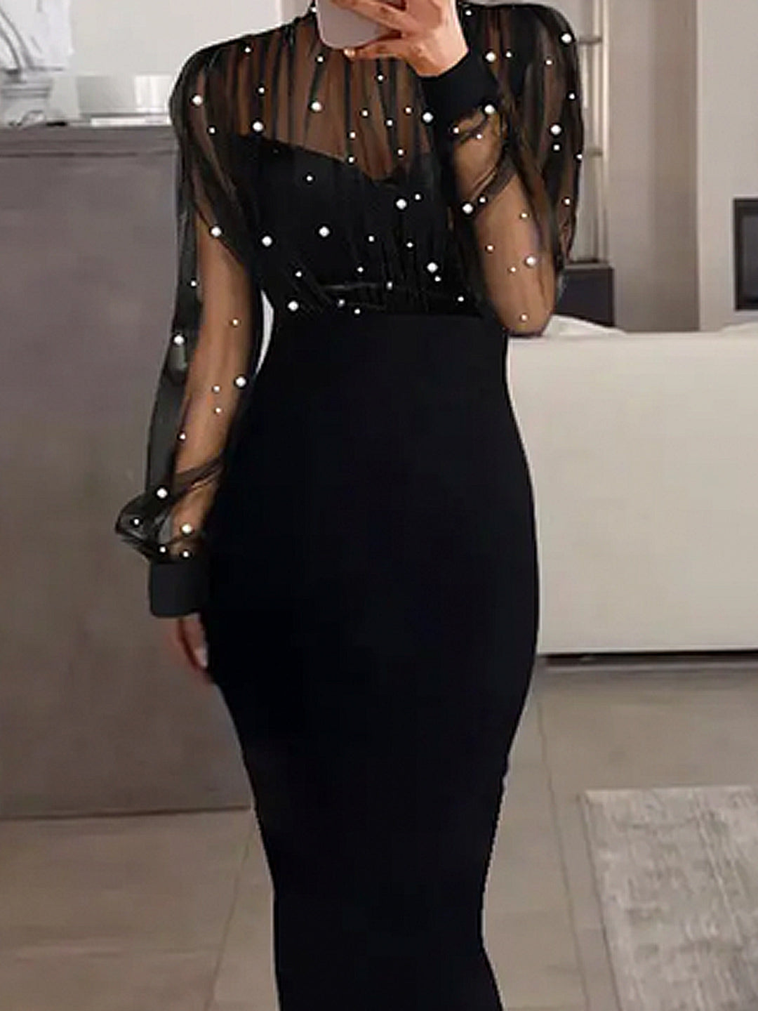 Damen Elegantes Abendkleid mit transparenten Ärmeln und Perlendetails R&B
