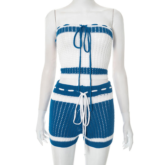 Damen Knitted Bandeau Set mit Shorts und verstellbarem Kordelzug R&B