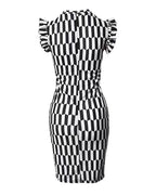 Damen figurbetontes Kleid mit Rüschendetails und geometrischem Muster R&B