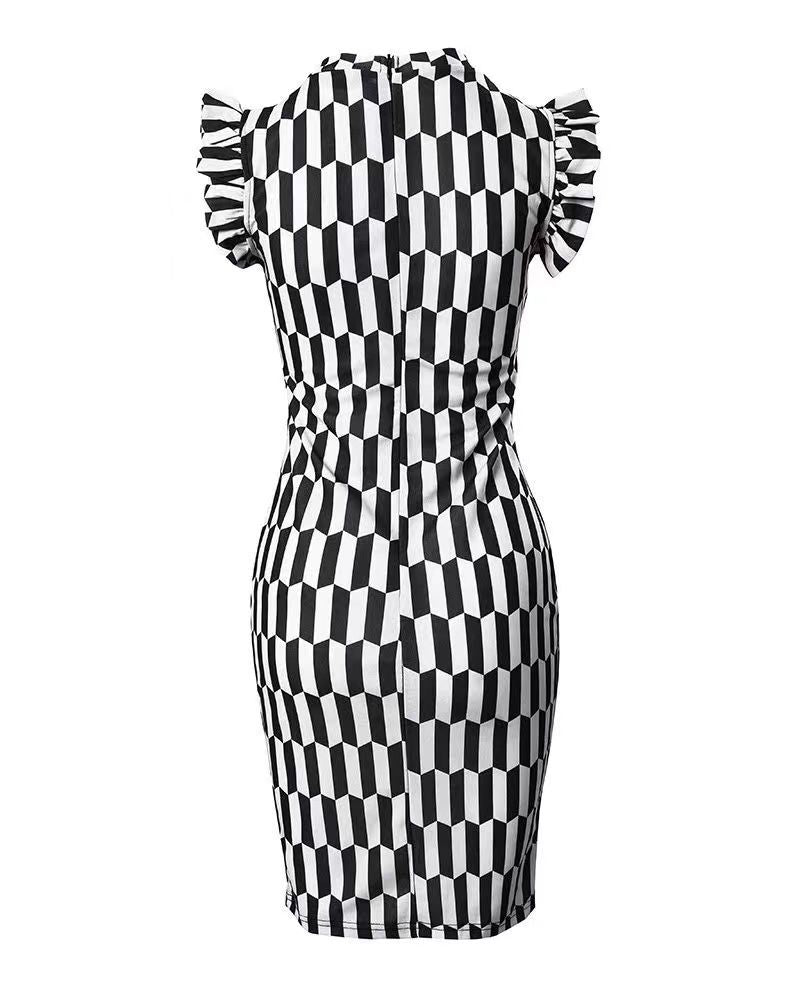 Damen figurbetontes Kleid mit Rüschendetails und geometrischem Muster R&B