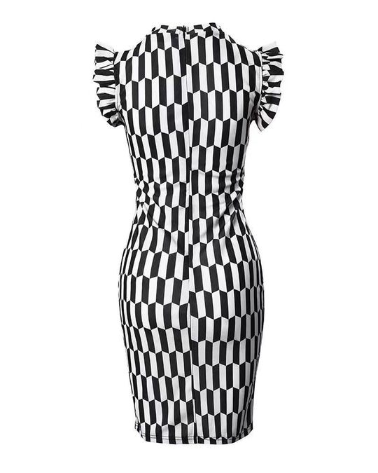 Damen figurbetontes Kleid mit Rüschendetails und geometrischem Muster R&B
