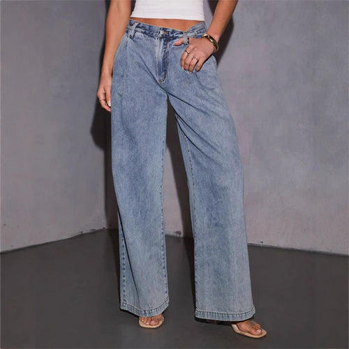 Damen Weite High-Waist Jeans im lässigen Vintage-Stil mit fransigem Saum R&B
