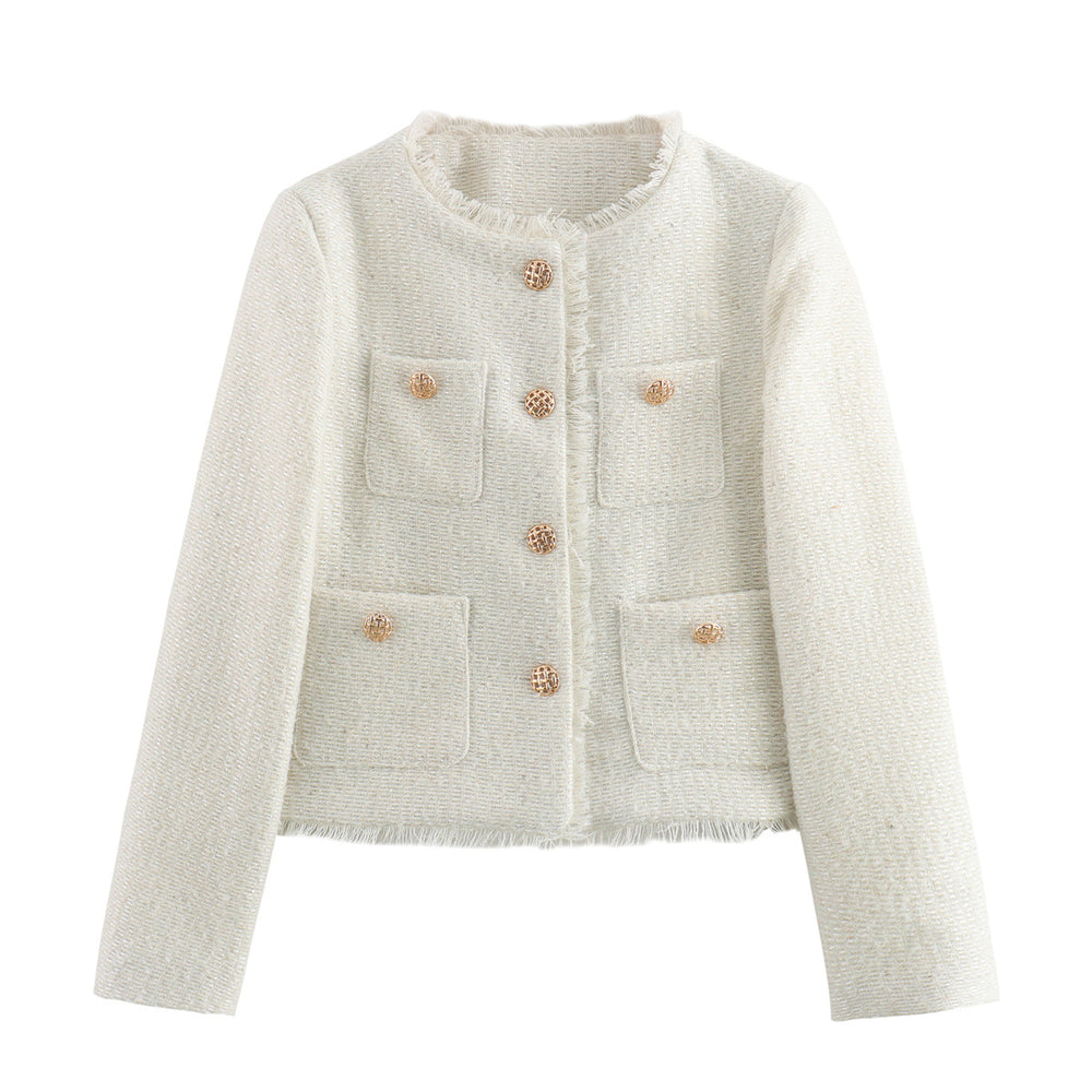 Damen elegante Tweedjacke mit Fransen und praktischen Taschen R&B