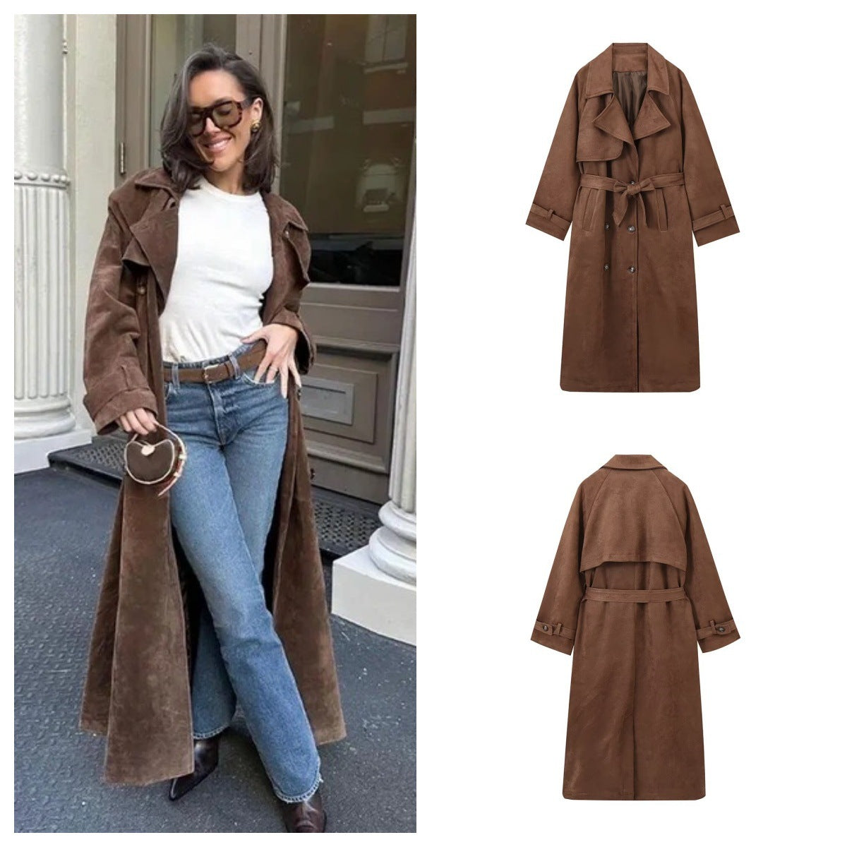 Damen elegante Suede Trenchcoat R&B