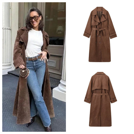 Damen elegante Suede Trenchcoat R&B