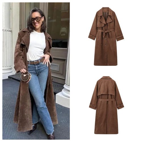 Damen elegante Suede Trenchcoat R&B