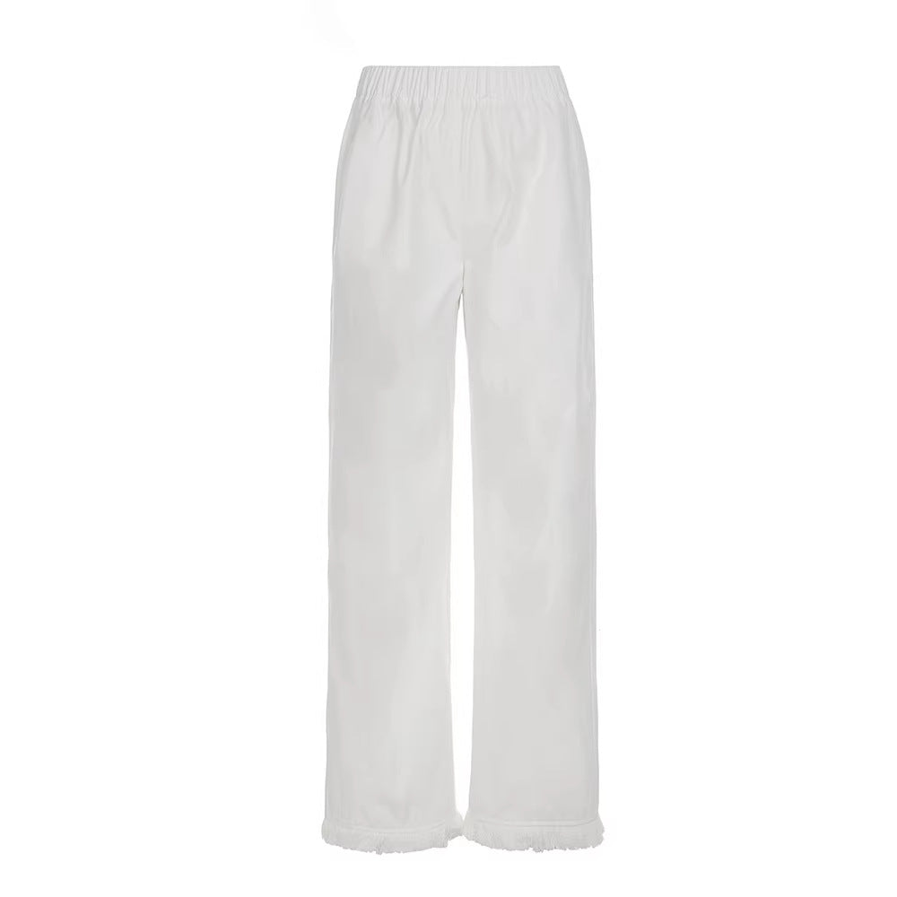Damen Weite Baumwollhose mit elastischem Bund und femininen Fransen R&B