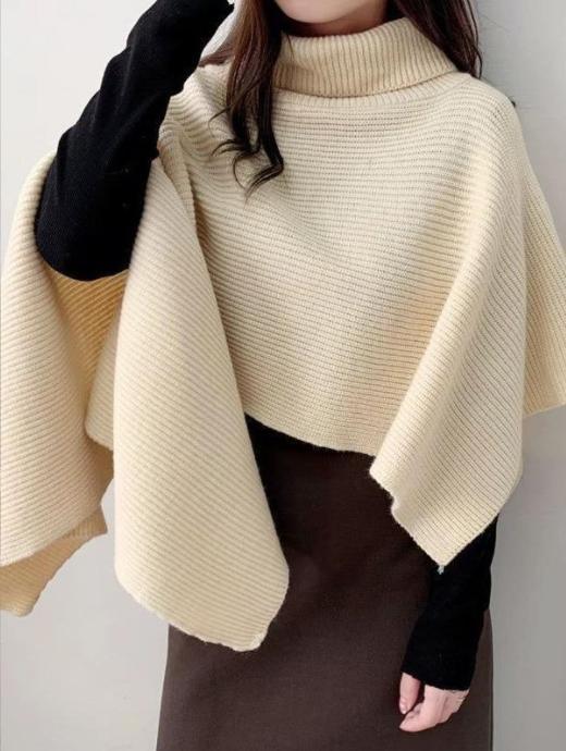 Damen Strickponcho mit hohem Kragen und asymmetrischem Schnitt R&B