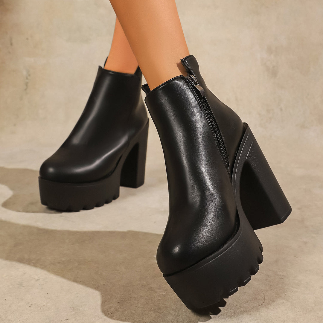 Damen Modische Plateau Stiefeletten mit markantem Blockabsatz und Reißverschluss R&B