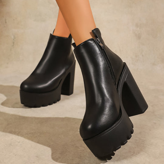 Damen Modische Plateau Stiefeletten mit markantem Blockabsatz und Reißverschluss R&B