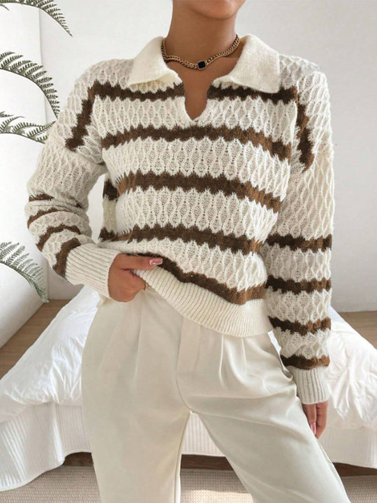 Damen Strickpullover im lässigen Stil mit strukturiertem V-Ausschnitt und hellen Akzenten R&B