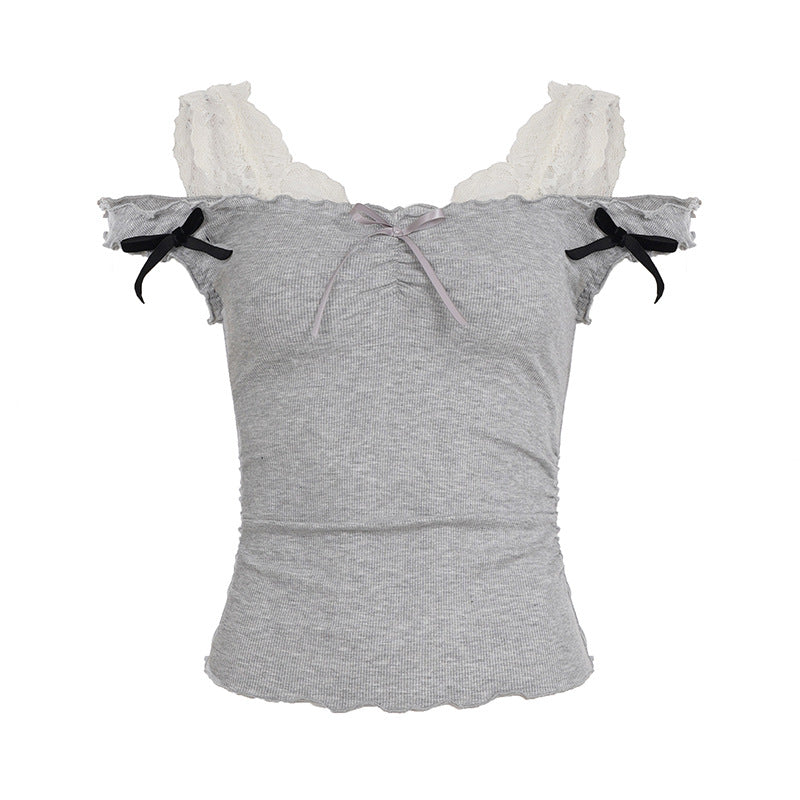 Damen Top mit verspieltem Spitzenkragen und Raffdetails R&B
