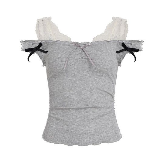 Damen Top mit verspieltem Spitzenkragen und Raffdetails R&B