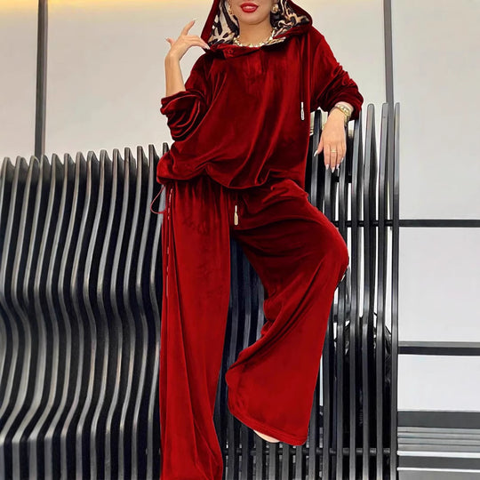 Damen Sportliches Loungewear-Set aus weichem Velours mit Kapuze R&B