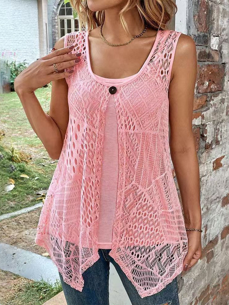 Damen luftige Stricktop mit kunstvollem Lochmuster und eleganten Details Heidi-Mode