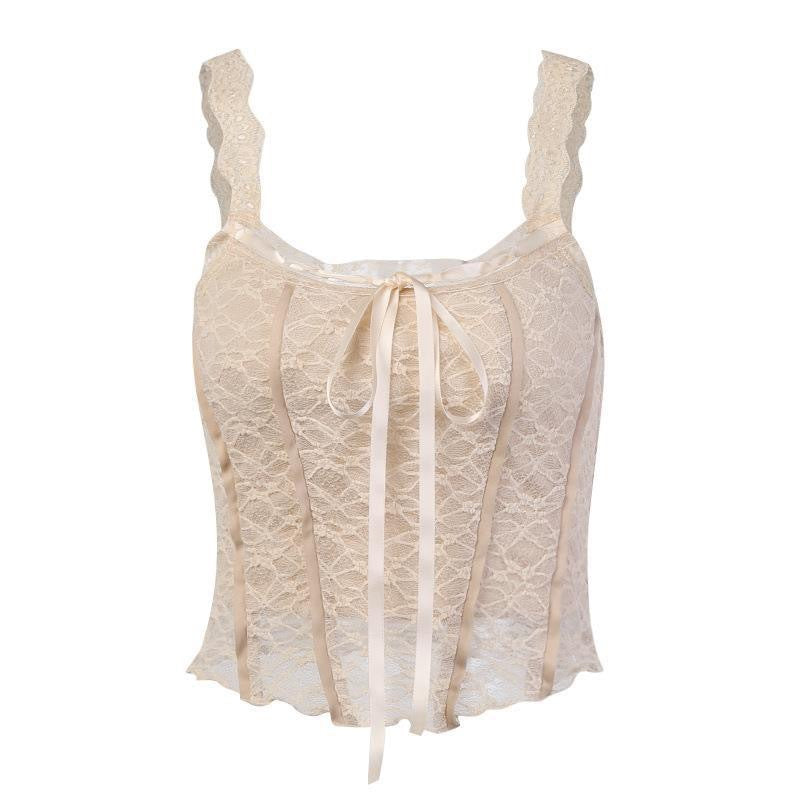 Damen Spitzen-Crop-Top mit dekorativen Bändern und feinen Details R&B