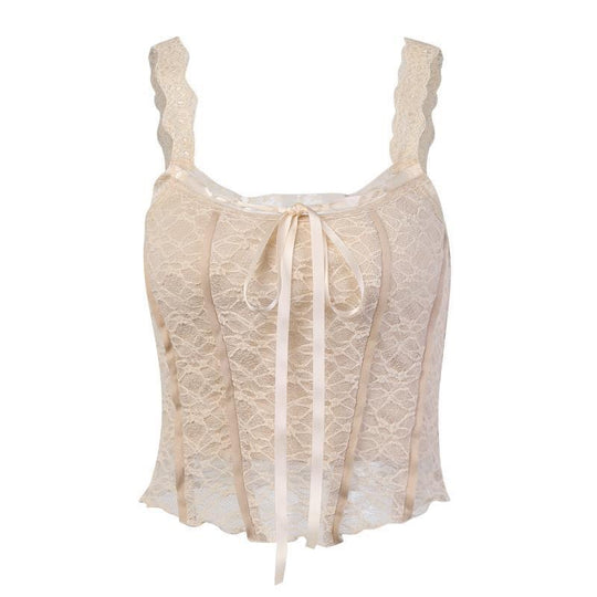 Damen Spitzen-Crop-Top mit dekorativen Bändern und feinen Details R&B