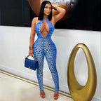Damen Bodycon Jumpsuit mit tiefem V-Ausschnitt und exklusivem Muster R&B