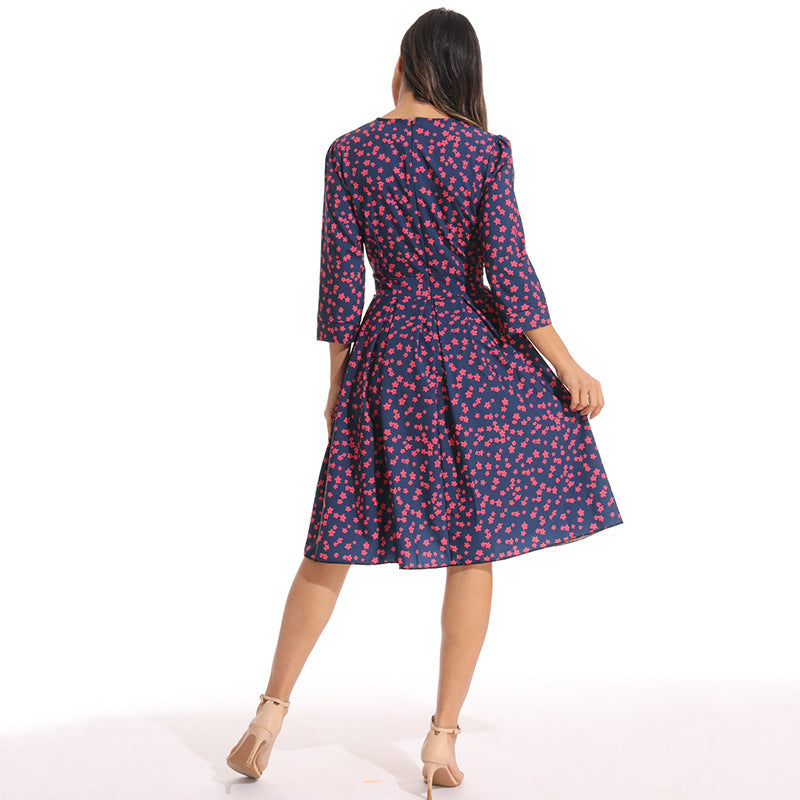 Damen elegantes Midikleid mit floralem Muster und schwingendem Rock R&B