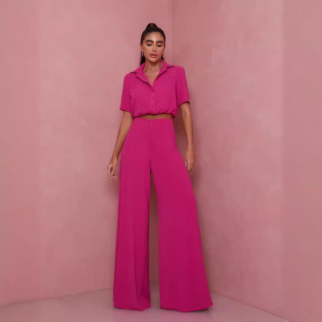 Damen Elegantes Kurzarm-Blusen und Palazzo-Hosen-Ensemble R&B