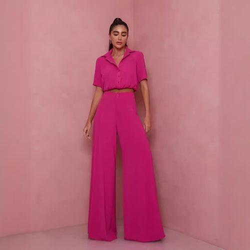Damen Elegantes Kurzarm-Blusen und Palazzo-Hosen-Ensemble R&B