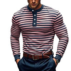 Herren Langarm-Henley-Shirt mit strukturiertem Streifenmuster und bequemen Kragen R&B