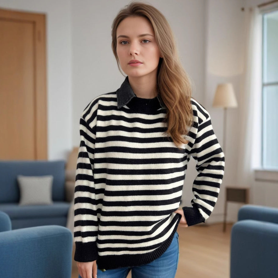 Damen lässiger Pullover mit strukturellem Streifenmuster und modischem Kragen R&B