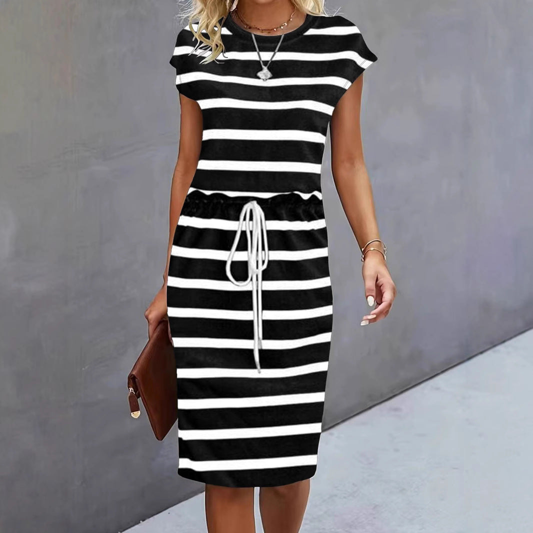 Damen Freizeitleinenkleid mit bunten Streifen und verstellbarem Taillenzug R&B
