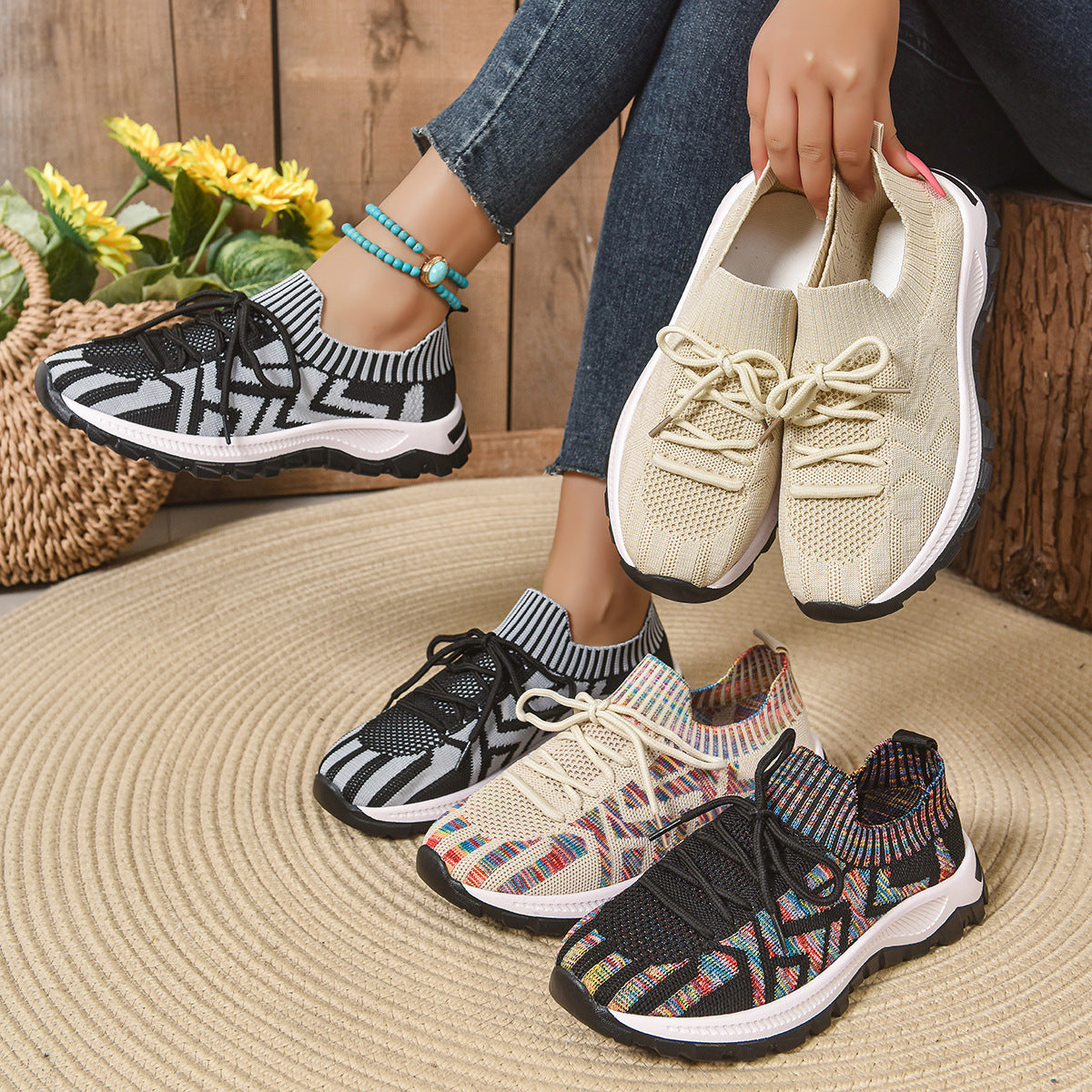 Damen Sportliche Freizeit-Sneaker mit atmungsaktiver Strickoberfläche und rutschfester Sohle R&B