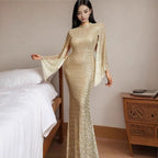 Damen Glamouröses Pailletten-Abendkleid mit schwingenden Ärmeln EB