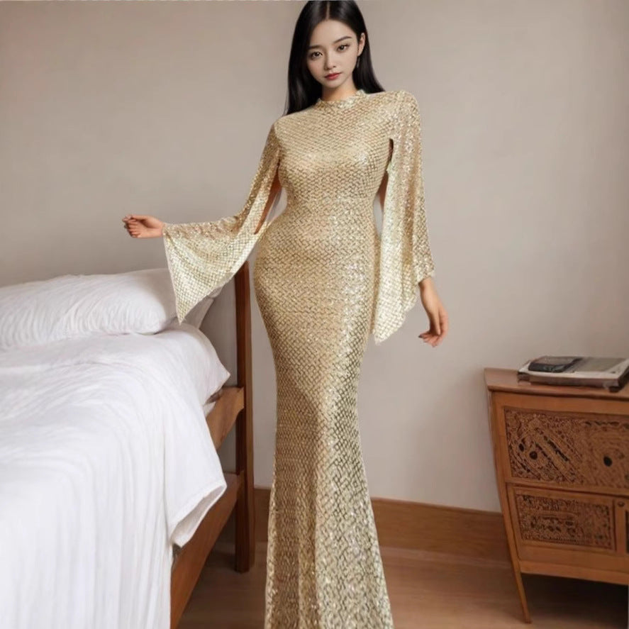 Damen Glamouröses Pailletten-Abendkleid mit schwingenden Ärmeln EB
