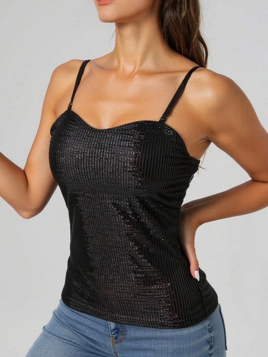 Damen elegantes Spaghettiträgershirt mit luxuriösem Paillettenbesatz und feinem Rippstrick R&B