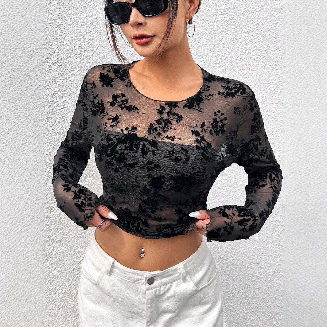 Damen nan bauchfreies Netz-Oberteil mit floraler Samtstruktur und gerafftem Saum R&B