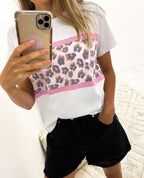 Damen T-Shirt mit modernem Leopardenmuster und elastischem Saum R&B