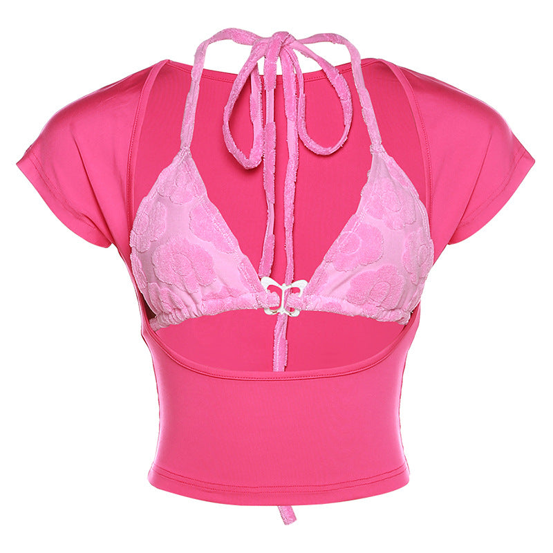 Damen Crop Top mit verspieltem Aquarell-Design und regulierbarem Ausschnitt R&B