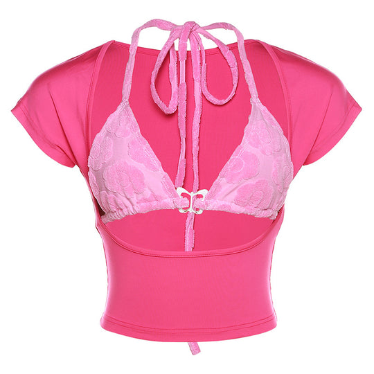 Damen Crop Top mit verspieltem Aquarell-Design und regulierbarem Ausschnitt R&B